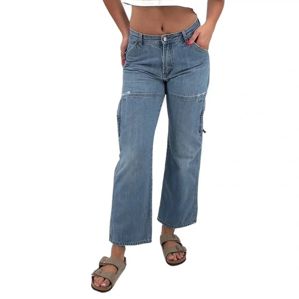 Vintage 2002 Tommy Hilfiger Cargo Jeans Distressed Medium Wash Blue Boys 18 2/4